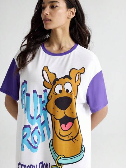 SCOOBY DOO Letter Cartoon Pattern Round Neck Short Sleeve Sleep Dress Shirt Women Character view 4