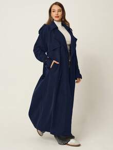 Auralis 大码时尚纯色腰带风衣 - 藏蓝色 - 查看 4