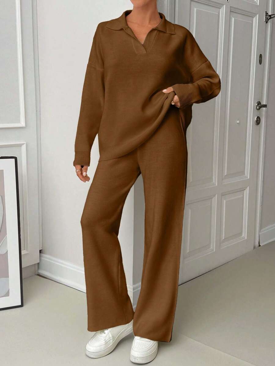 EURMUSE Woman Loose Fit Comfy Warm Thick Polo Neck Sweater And Pants Co-Ords Two Pieces Set - Camel - View 1