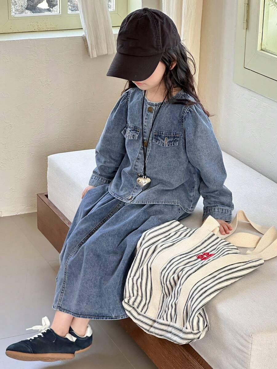 Dazy Kids 少女休闲牛仔套装：圆领长袖纽扣上衣和迷你裙 - 藍色 - 查看 1