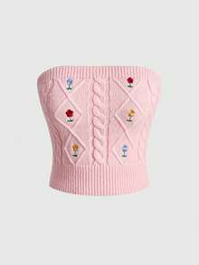 ROMWE Kawaii 2pcs/Set Sweet Pink Embroidered Tie-Up Decor Soft Knit Sweater Set - Tube Top + Short Cardigan, Christmas & New Year - Pink - View 3