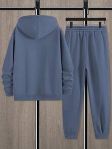 Manfinity Homme 男士纽约市字母印花休闲卫衣和运动裤两件套，秋冬季舒适保暖长袖套装，圣诞礼物，男士礼物，保暖内衬 - 霧霾藍 - 查看 2