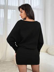 SHEIN Tall Vestido de suéter ajustado de manga larga negra con hombro asimétrico y cintura entallada, de estilo Y2K versátil, para uso casual/diario, con estética vintage estadounidense para otoño/invierno - Negro - Ver 2