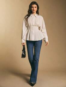 Poéselle ملابس علوية أبيض نسائي من خليط القطن بأكمام طويلة وخصر مشدود وتنورة قصيرة، ملابس علوية نسائي أنيق بأسلوب هادئ ورفيع للمكتب، ملابس علوية نسائي أحادي اللون بأكمام طويلة وياقة واحدة وخصر مطوي وذيل - أبيض - مشاهدة 9