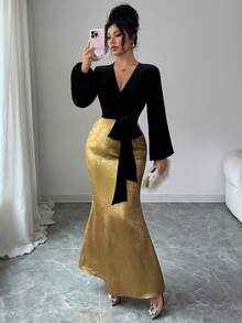 SHEIN Raffinéa 女士优雅时尚黑金撞色V领系带丝绒上衣搭配撞色半裙，适合晚宴、假日和正式场合。 - 彩色 - 查看 7