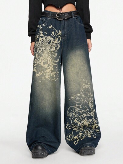 Grunge Punk Plus Size Loose Fit Grunge Distressed Vintage Plus Size Cross & Vine Print Jeans, Street Style