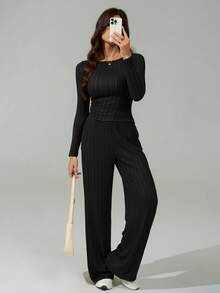 SHEIN Tall Autumn And Winter Women's Wide-Striped Knitted Slim Irregular Slanted Hem Top + Wide-Leg Pants Casual And Comfortable Home Black Two Pieces Suit - Black - View 3