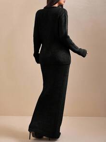 EURMUSE Women's Solid Color Front Open Ribbed Knit Cardigan And Skirt Set - Black - View 7