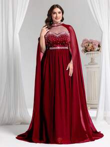 Coutiva 大码优雅串珠装饰正式晚礼服 - 酒紅色 - 查看 4