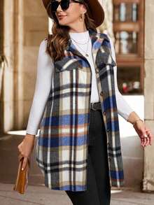SHEIN Clasi Áo khoác len không tay kẻ caro thanh lịch cỡ lớn cho nữ, áo khoác công sở thời trang cho mùa thu/đông - Nhiều màu - Xem 7