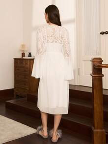 Moireta 2pcs Women's Elegant Satin Camisole Dress & Mesh Robe Sleepwear Set Long Sleeve Nightgown White Nightgown Lace Nightgown Sheer Nightgown Bridal Nightgown - White - View 2