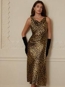Aveloria Rosie Satin Fabric, Leopard Print Design, Draped Neck Twist Knot Sexy Elegant Long Dress - Multicolor - View 6