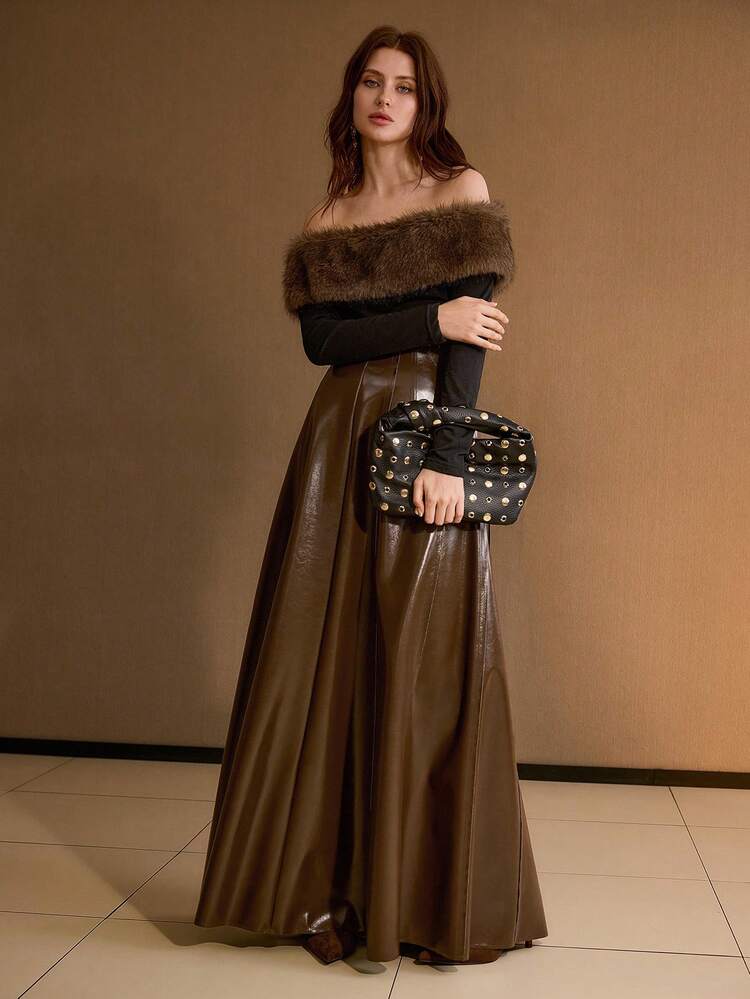 PU LEATHER HIGH WAIST ZIP SIDE MAXI FLARE SKIRT, FALL WINTER