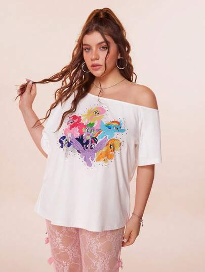 My Little Pony X SHEIN Plus Size Summer Casual Asymmetric Neck Cartoon Pattern Short Sleeve T-Shirt Off Shoulder T Shirt