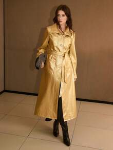 MOTF PREMIUM METALLIC SHEEN PU FASHIONABLE MODERN MID-LENGTH ALL-MATCH VERSATILE BELTED TRENCH COAT, AUTUMN/WINTER