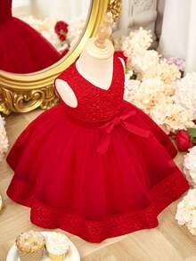SHEIN 1pc Baby Girl Red Summer Elegant Formal Textured Sleeveless Dress,Comfortable Versatile Fashion Wear For Birthday Party,Wedding,Christening,Holiday - Red - View 6