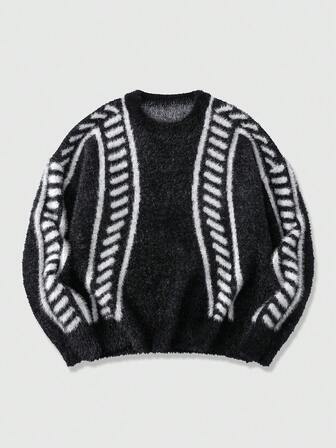 كنزة صوفية كاجوال للرجال بتصميم ألوان متباينة ومخطط، خريف/شتاء