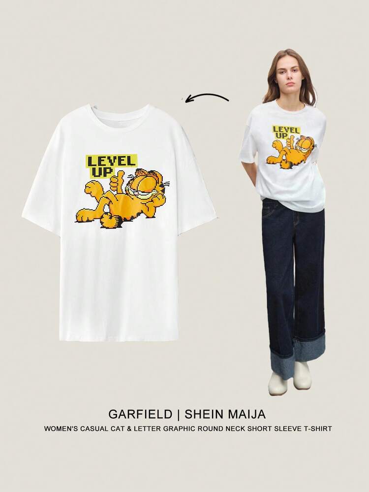 SHEIN Maija Women's Casual Cat & Letter Graphic Round Neck Short Sleeve T-Shirt