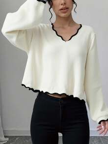 少女荷叶边 V 领宽松长袖毛绒保暖分层毛衣，休闲百搭返校套头衫，罗纹下摆撞色针织毛衣，乳白色 - 米色 - 查看 9