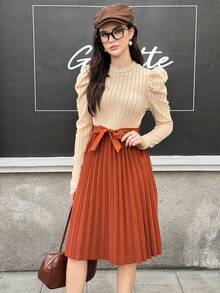 Teen Girls' Elegant Midi Dress,Beige Ribbed Knit Top With Puff Sleeves & Brown Pleated Skirt,Bow Belt,Autumn Graduation Teen Formal Casual Outing - Apricot - View 4