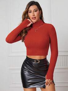 Glissea Women's Solid Color Turtleneck Long Sleeve Cropped Fitted Sweater, Autumn/Winter - Rust Brown - View 3