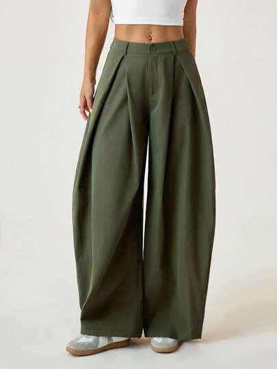 SHEIN EZwear 复古休闲街头风格宽松橄榄绿色弧形下摆加大码裤子，秋冬