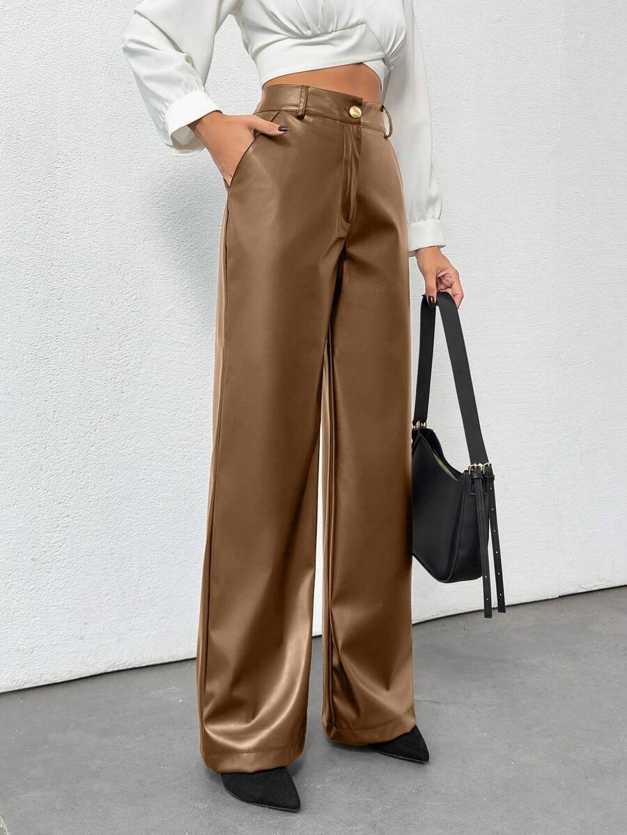 SHEIN Tall Prive Gold Button Detailed Straight Fit Leather Pants, Tall Women - Beige - View 1