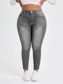 EURMUSE Quần jean denim trơn màu cỡ lớn thường ngày - Màu Xám nhạt - Xem 1
