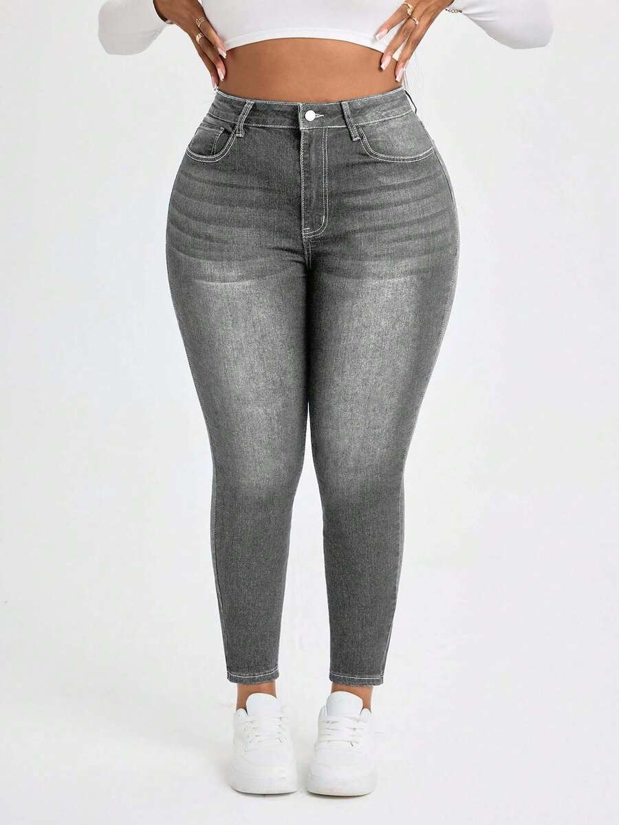 EURMUSE Quần jean denim trơn màu cỡ lớn thường ngày - Màu Xám nhạt - Xem 1
