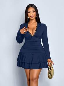 SOLERSUN Women's Plus Size Elegant Navy Blue Autumn Knitted Dress,Deep V Neck Lace Trim Slim Long Sleeve Double Ruffle Hem Mini Dress For Night Out Club Party - Royal Blue - View 1