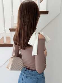 FRIFUL 女士高领露肩撞色蝴蝶结修身长袖T恤，甜美可爱女士上衣，秋季款