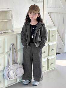 DAZY Young Girl Casual Daily Commute Simple Solid Color Rhinestone Zipper Hoodie And Wide Leg Sweatpants Set, Warm Thermal Lined For Autumn/Winter - Grey - View 2
