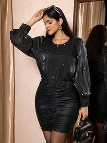 Zelara 2pcs Plus Size Set: Beaded Top & Solid Color A-Line Skirt Black Dress Winter New Year Dress Party Graduation Elegant Stylish Women's Blouse Sequin - Black - View 9