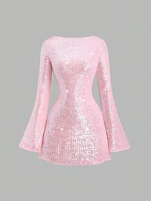 Sweetra 女士圣诞派对亮片连衣裙，闪亮连衣裙，新年装扮，适合春季、秋季、冬季、派对、通勤、日常、旅行、度假，粉色收腰喇叭长袖A字迷你连衣裙 - 淺粉色 - 查看 5