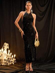 SHEIN Glamour High-End Fitted Halter Backless Slim Dress, Autumn/Winter Leotard Open Back Dresses Sparkly Black Dress Backless Bodysuit - Black - View 4