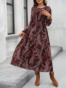 EMERY ROSE Đầm dài thắt eo họa tiết Paisley cổ điển dành cho nữ, cổ tròn, tay dài - Nhiều màu - Xem 5