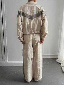 DAZY 女士休闲高领拼接宽松上衣和阔腿裤运动套装，秋冬款 - 灰色 - 查看 2