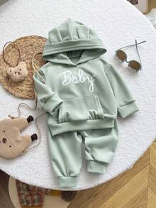 Playful Pals 男婴可爱耳朵连帽长袖卫衣长裤套装（2件），秋冬季时尚新款式 - 綠色 - 查看 1