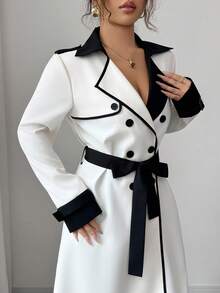 SHEIN PETITE 女士撞色领设计双排扣收腰优雅休闲通勤时尚法式风衣，奶油白与杏色拼接，长袖，秋冬款 - 彩色 - 查看 4