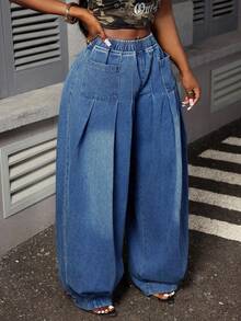 Slaydiva Plus Size Wide Leg Flare Jeans - Blue - View 3