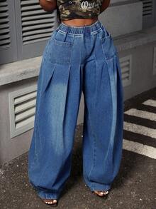 Slaydiva Plus Size Wide Leg Flare Jeans - Blue - View 6