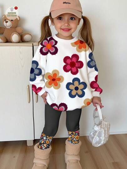 SHEIN Happikins 2pcs/Set Young Girl Casual Cute Textured Ditsy Floral Soft Thick Crew Neck Long Sleeve Sweatshirt And Floral Patchwork Leggings, Suitable For Autumn/Winter Fall Girls Spring And Autumn Suit Big Girls Long Sleeve Floral Blouse Flower Set Summer Outfit Kids Flower Shirt Girls Kids Floral Outfits Girls