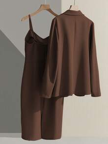 Franclia Casual Khaki Blazer Jacket Paired With Spaghetti Strap Waist Cinched Straight Dress, Women's 2 Pieces Suit Set, Versatile For Commute & Leisure, Spring/Autumn