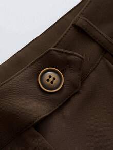 Franclia 女士基础款蓝白条纹刺绣花卉衬衫+棕色修身休闲裤，法式复古休闲通勤两件套 - 巧克力棕 - 查看 6