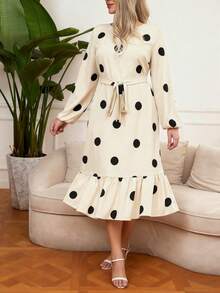 SHEIN LUNE Váy Maxi chấm bi viền bèo nhún cỡ lớn dành cho nữ, trang phục Giáng sinh dành cho nữ - Màu be - Xem 3