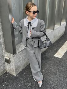 SHEIN Explorewe 两件套少女纯色羊毛短外套（翻领收腰设计）+阔腿裤套装，法式休闲时尚风格，适合秋冬季日常休闲、通勤和度假穿着。 - 深灰色 - 查看 4