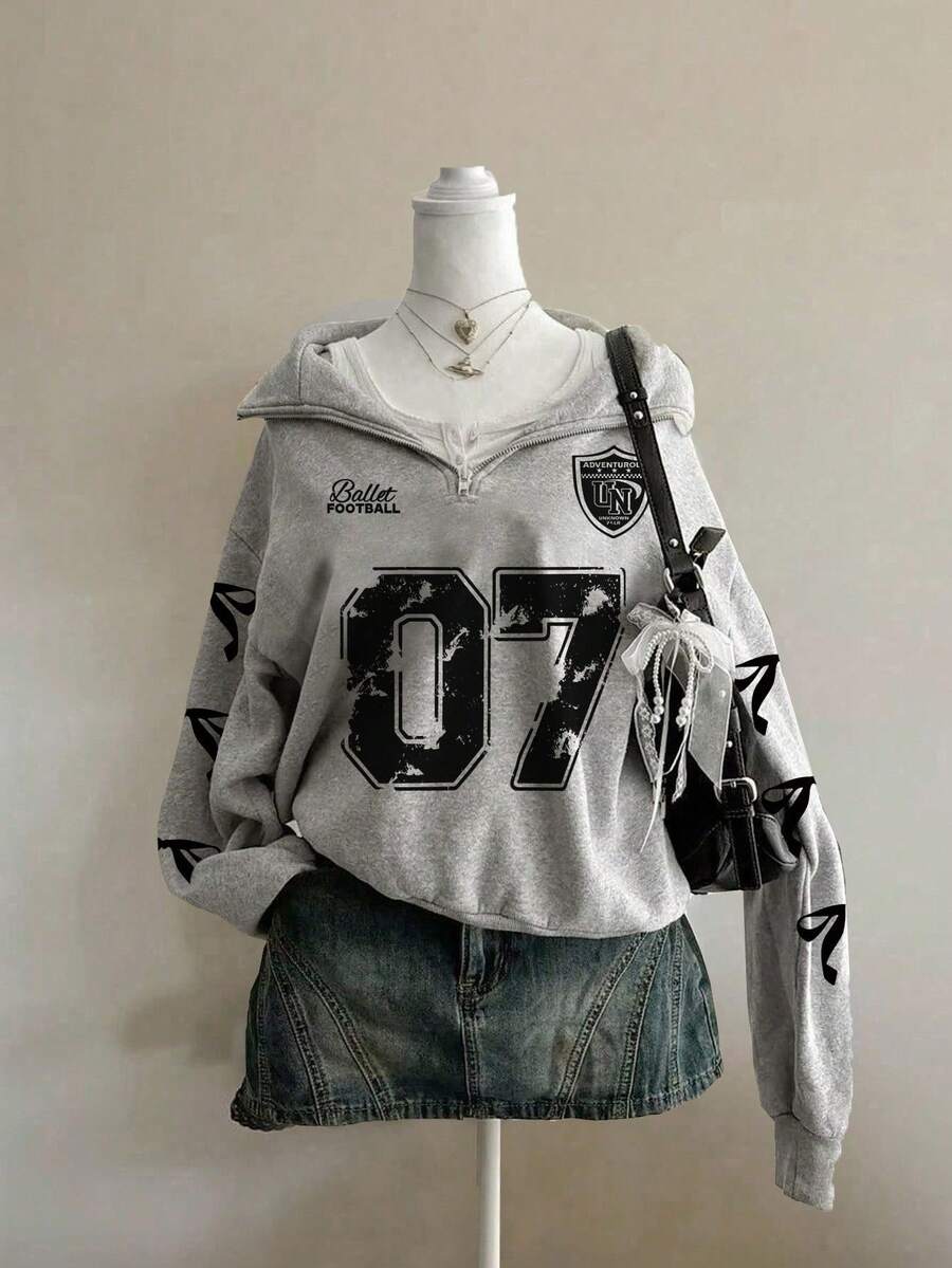 Sparklyn Teen Girl Retro American Floral, Number, Bow, Letter Print Sweatshirt, Autumn/Winter