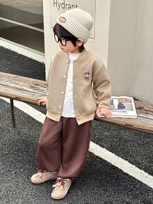 Genkimix Kids 2 件套男童可爱卡通刺绣纯色上衣 + 时尚休闲纯色慢跑裤套装 - 杏色 - 查看 3