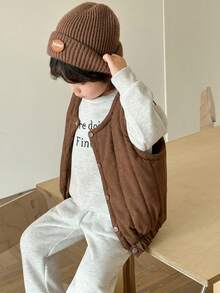 Genkimix Kids 3pcs/Set Toddler Boys Winter Casual Outfits Including Quilting Vest + Letter Embroidered Crew Neck Fleece Sweatshirt + Jogger - Brown - View 1