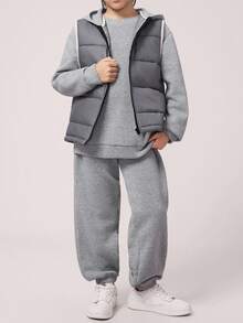 3pcs Kids/Tween Boys Casual Crew Neck Loose Knit Sweatshirt, Knit Pants, Quilted Padded Coat, Sleeveless Woven Vest, 3-Piece Outfit Set Suitable For School, Garden, Beach, Birthday, Spring, Summer, Autumn, Winter - Light Grey - View 5